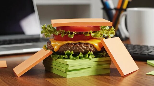 Burger With Sticky Notes Fluttering On Office Desk