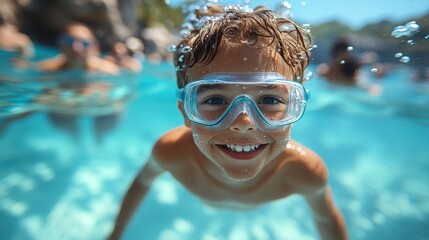 Fototapeta premium A young boy experiences pure joy while swimming in a bright blue pool. He wears goggles and displays a delighted expression, capturing a moment of childhood fun and water play.