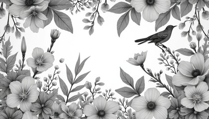 Botanical drawing features various flowers and leaves in grey monochrome colors. A bird rests among the foliage. Floral pattern is on a white background. Elegant nature illustration perfect for decor.