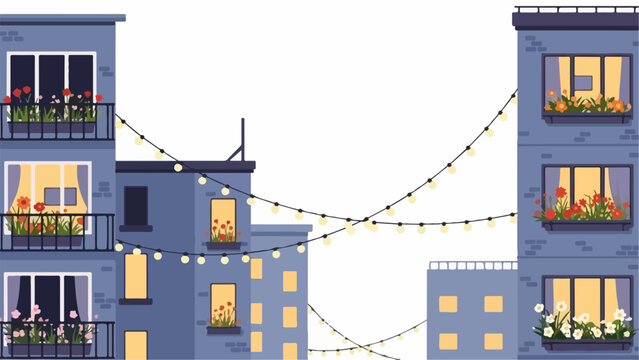 Illustrated city apartment buildings feature brightly lit windows and string lights spanning between rooftops. City apartment buildings display balconies with flower boxes,