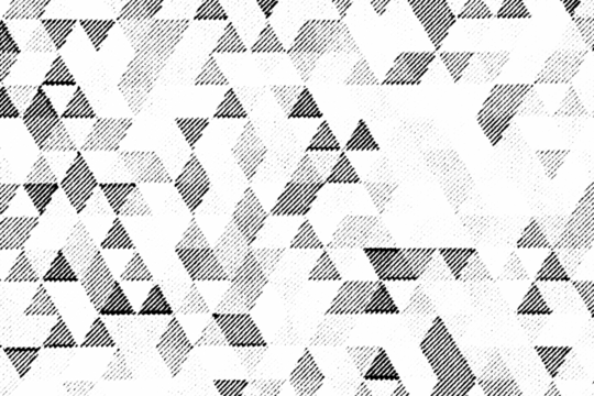Macro halftone pattern of overlapping shaded triangles forming a random geometric mosaic of black dots and lines on a transparent background. - Powered by Adobe