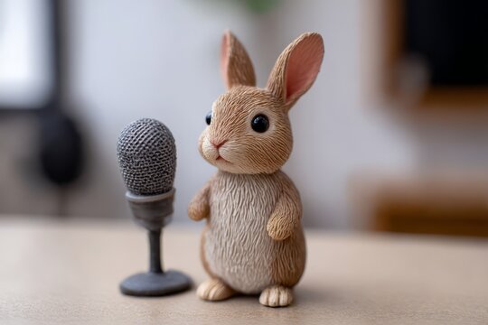 A charming little rabbit stands next to a microphone on a wooden table in a warm and inviting indoor space