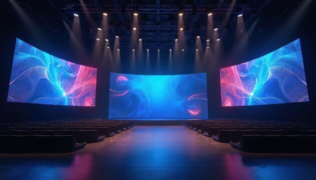 Large modern stage with three curved LED screens shows abstract blue pink patterns. Spotlights shine on empty event hall. Rows of dark seats await audience. Ready for big corporate presentation,