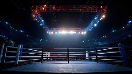 The boxing ring stands empty and illuminated in a spacious arena. Bright lights shine down creating an atmosphere of anticipation for the upcoming match.