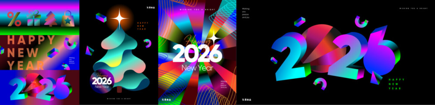 2026. Vibrant neon New Year 3d vector poster with gradient shapes, glowing typography, festive symbols, and abstract elements for greeting card, banner, holiday promotion, and modern event