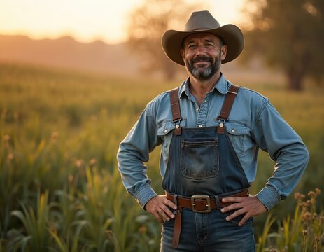 Middle aged farmer with beard wearing cowboy hat and denim overalls stands in cornfield at sunset. Confident man with hands on hips smiles warmly. Rural lifestyle, agricultural work, warm glow.