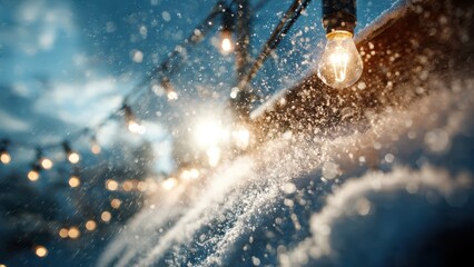 Worker Hanging Holiday Lights on Snowy Roof