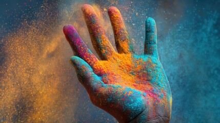 A hand covered in bright colored powders is raised in the air showcasing the splashes of blue orange and pink. This moment captures the joy and excitement of a spring festival.