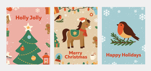 Cute Christmas cards. Vector illustrations. Merry Christmas. New Year's symbol. Gift cards. Bullfinch on a branch. New Year's horse. Print for card design. Templates