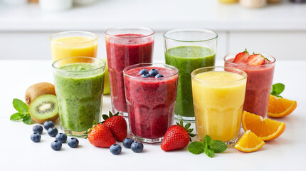 Glasses of fruit and vegetable juice. Agriculture and healthy food concept. World Vegan Day