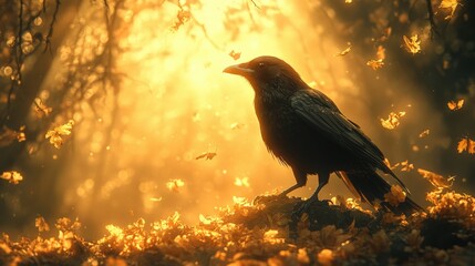 Fototapeta premium A majestic raven rests on a mossy forest floor, illuminated by warm sunlight. An ethereal and tranquil scene.