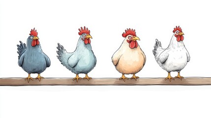 Four cartoonish hens with comical expressions are perched on a wooden fence, creating a humorous atmosphere in a sunny setting