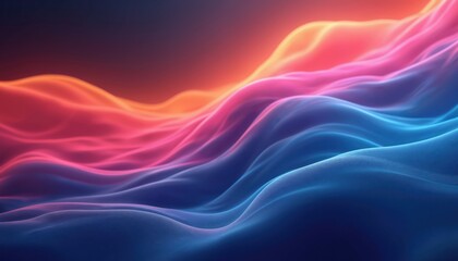 Abstract background shows soft glowing waves. Vibrant neon light colors shift from warm red orange to cool blue purple. Smooth organic shapes create dynamic fluid energy flow. Modern digital gradient
