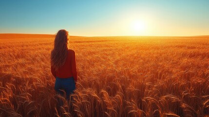 Fototapeta premium A serene image of a woman amidst a field of golden wheat during sunset. Long shadows and warm light create a tranquil and picturesque scene.