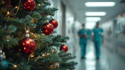 Christmas tree with red ornaments and warm lights in a hospital corridor, with medical staff in the background, symbolizing festive spirit, hope and holiday atmosphere in a healthcare setting