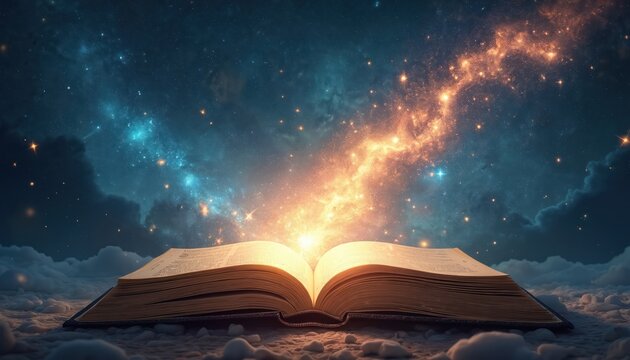 Open book rests on clouds, emitting brilliant light. Radiance transforms into glowing stars filling night sky. Magic, imagination flow from stories. Knowledge, dreams spread wonder into cosmos.