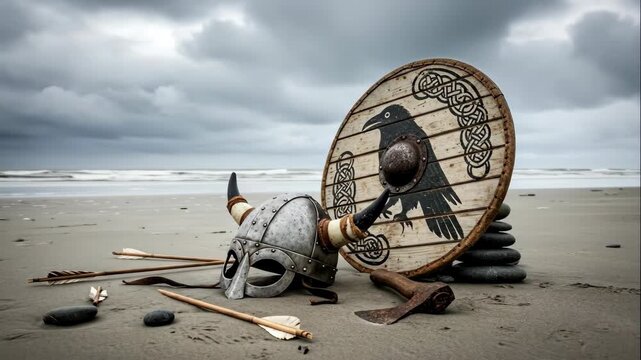 Viking shield and horned helmet arranged on sandy beach with axe and arrows. Norse warrior gear display under cloudy sky. Historical reenactment footage.
