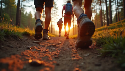 Obraz premium Group walks on a forest trail at sunrise. People hike in a wooded area. Hikers enjoy nature at golden hour. Adventurers explore nature on a sunny day.