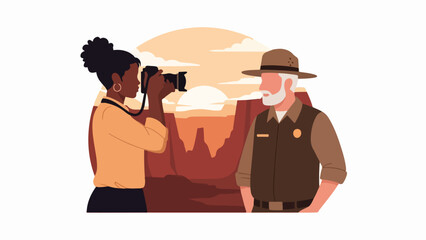 Female photographer captures park ranger in an outdoor setting. Skilled photographer takes image of park ranger with desert scenery behind. Inspiring photographer park ranger concept for travel blogs,