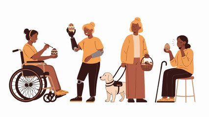 Inclusive Easter celebration portrays diverse people painting and holding eggs. Individuals with disabilities, wheelchair user, prosthetic limbs, guide dog, show inclusive Easter celebration.