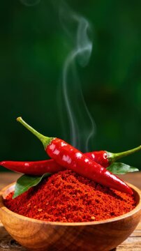 A visually striking close-up features vibrant red chili peppers resting atop a generous mound of finely ground chili powder within a rustic wooden bowl. Delicate wisps of steam gently rise, emphasizin