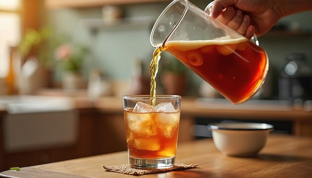 Hand pours refreshing homemade iced tea from glass pitcher into clear tumbler with ice cubes on wooden table in home kitchen setting. Cool cold beverage for hot summer day. Enjoy healthy fresh liquid