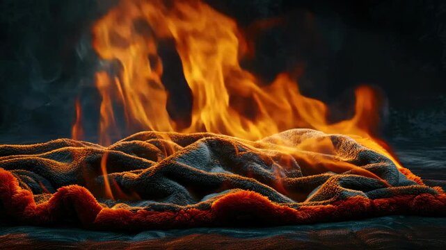Blanket on fire with bright orange flames and smoke
