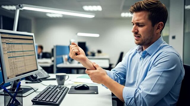 Man experiencing sharp wrist pain at office desk while working on computer, showing injury or overuse concept, footage.