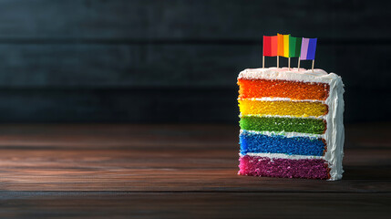 A vibrant rainbow layer cake is sliced to reveal its colorful layers, decorated with playful flags on top, set against a rustic wooden background