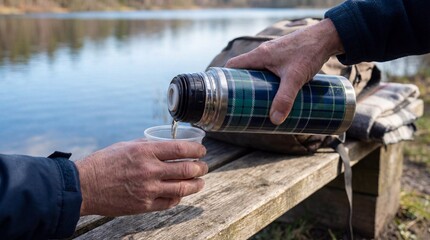Man pouring hot drink from thermos into plastic cup at lakeside. Refreshment during outdoor activity, picnic concept for nature leisure.