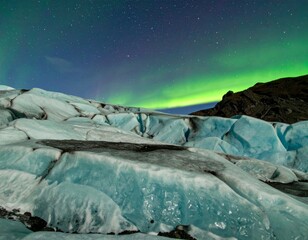 Green polar lights over frozen crevasse landscape