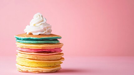 A vibrant stack of pancakes in various colors topped with fluffy whipped cream, creating a delightful breakfast treat against a soft pink backdrop