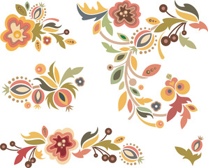 Vector floral Slavic traditional decoration motifs set. For cards, fabric, textiles, clothing, packaging, fabric, paper, wallpaper, wrapping, decor. Folklore hohloma traditional eastern ornament.