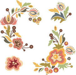 Vector floral Slavic traditional decoration motifs set. For cards, fabric, textiles, clothing, packaging, fabric, paper, wallpaper, wrapping, decor. Folklore hohloma traditional eastern ornament.