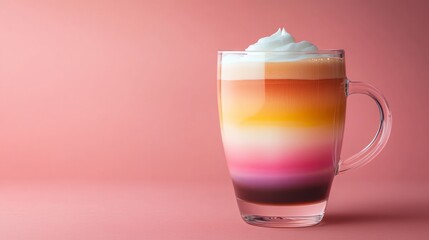 A tall transparent cup displays beautifully layered liquids of various colors, topped with creamy foam, against a pink background