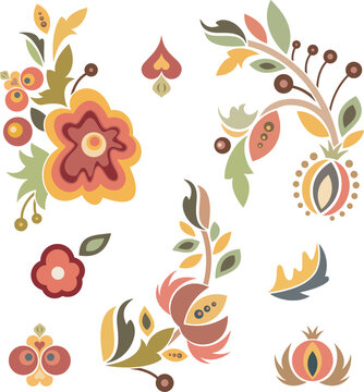 Vector floral Slavic traditional decoration motifs set. For cards, fabric, textiles, clothing, packaging, fabric, paper, wallpaper, wrapping, decor. Folklore hohloma traditional eastern ornament.
