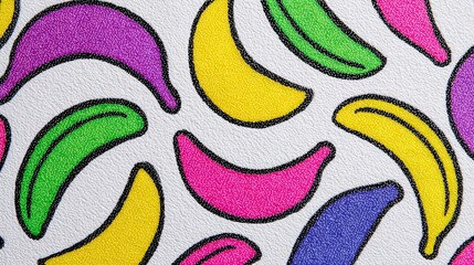 A lively pattern showcases various colorful bananas in bright hues on a textured surface, creating an engaging visual experience