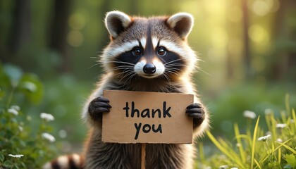 Wild raccoon stands upright in rich forest plants, holding small cardboard sign displaying thank text. Furry animal expresses gratitude with friendly eyes looking directly at camera. Cute critter