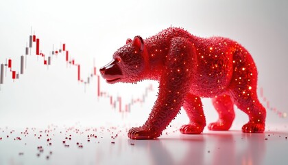 Vibrant red 3D bear market symbol stands on clean white background. Digital icon illustrates financial downturn. Decreasing stock chart represents economic recession, investment risks, global market