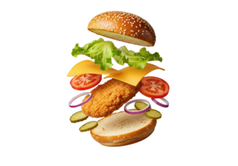 Dynamic crispy fried chicken burger explosion: levitating golden bun, juicy patty, crisp lettuce, cheddar, tomato, onion, pickle on white background, commercial food advertising concept
