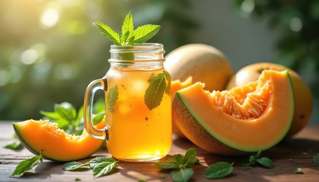 Cold melon iced tea with mint leaves in mason jar sits on rustic table. Slices of fresh cantaloupe surround drink, with blurred green foliage in background. Bright, refreshing beverage ideal for warm