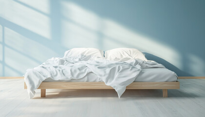Modern blue bedroom features unmade bed with crumpled white sheets, two pillows. White fabric lays on light wooden floor. Comfortable room gives relaxed, cozy morning atmosphere, minimalist home