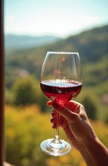 Fototapeta premium Woman holds glass of red wine. Enjoys drink with beautiful Italian landscape in background. Sun shines on green hills, distant mountains. Perfect sunny day, vacation view from window. Relaxing travel