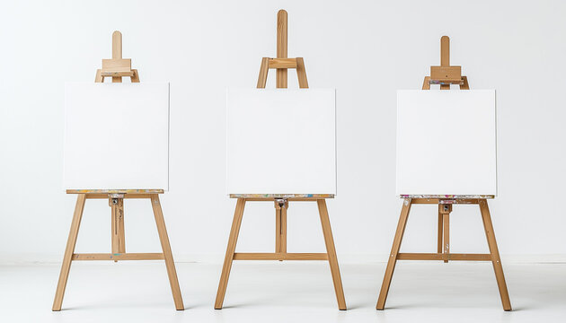 three wooden easels with white blank canvases. Art boards stand ready for painting artwork or displaying creative projects