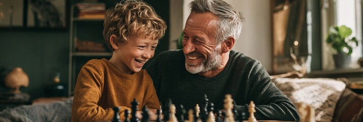 Obraz premium A joyful moment shared between a grandfather and grandson while playing chess, capturing the essence of bonding and family values in a warm, cozy setting.