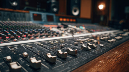 “A detailed close-up of a professional audio mixing console in a recording studio, featuring knobs, sliders, and buttons, perfectly set up for sound engineering and music production.”