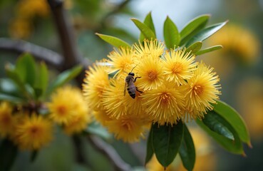 Honey bee pollinates vibrant lemon blossoms on flowering gum tree. Insect collects nectar from bright yellow flowers in nature. Sunny outdoors scene with bee in the wild.