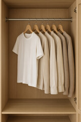 A minimalist wardrobe featuring a curated collection of neutral-toned shirts and sweaters hung neatly on wooden hangers, showcasing organization.