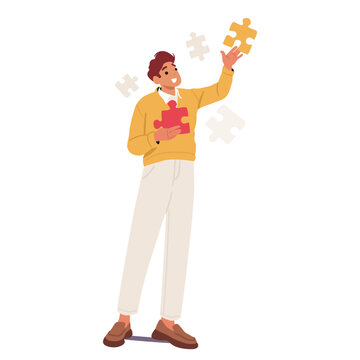 Positive smiling young man cartoon character finding missing jigsaw pieces to build inner resilience