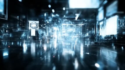 Immersive data universe reflecting digital network in illuminated hall, showcasing advanced data processing and connectivity - Powered by Adobe